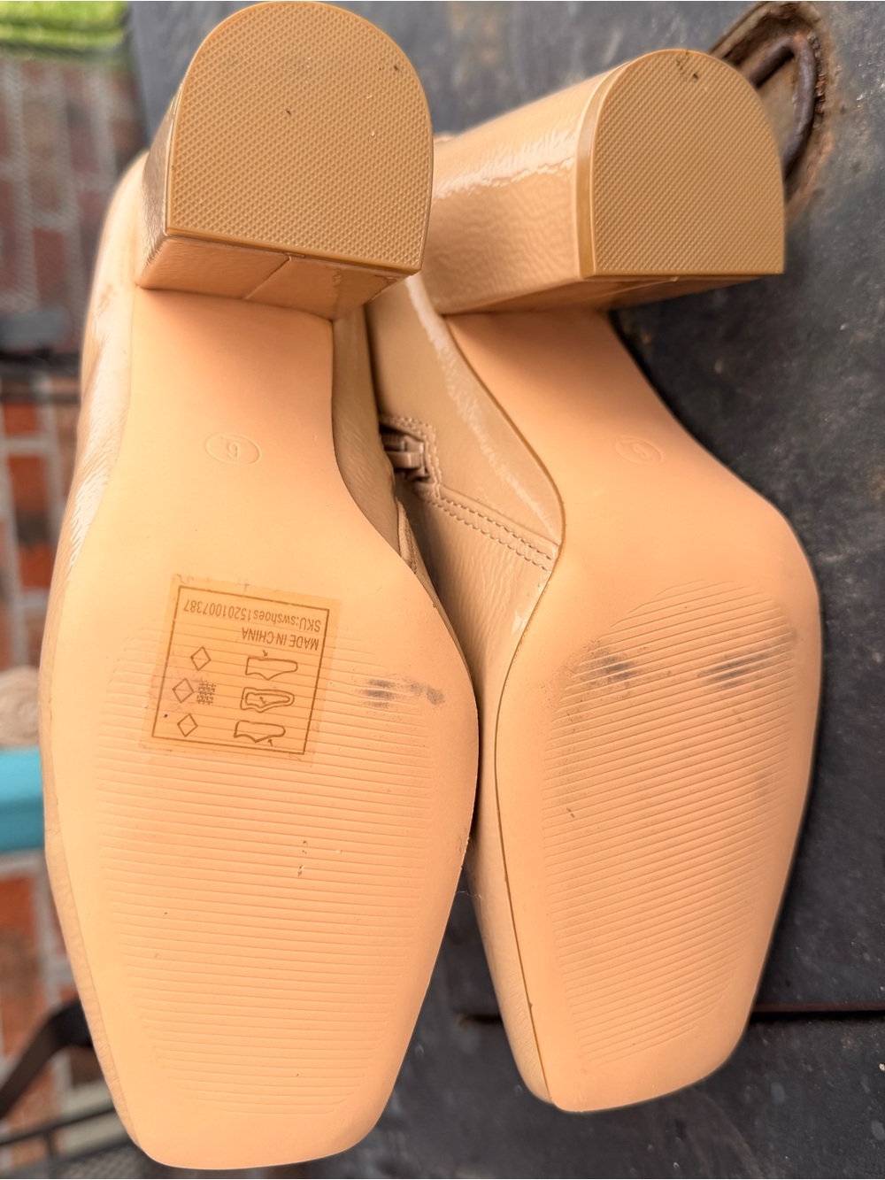 Patent Nude Tan Beige Block Heel Boots | Chic Glossy Ankle Booties | Like New ✨ - Picture 4 of 8